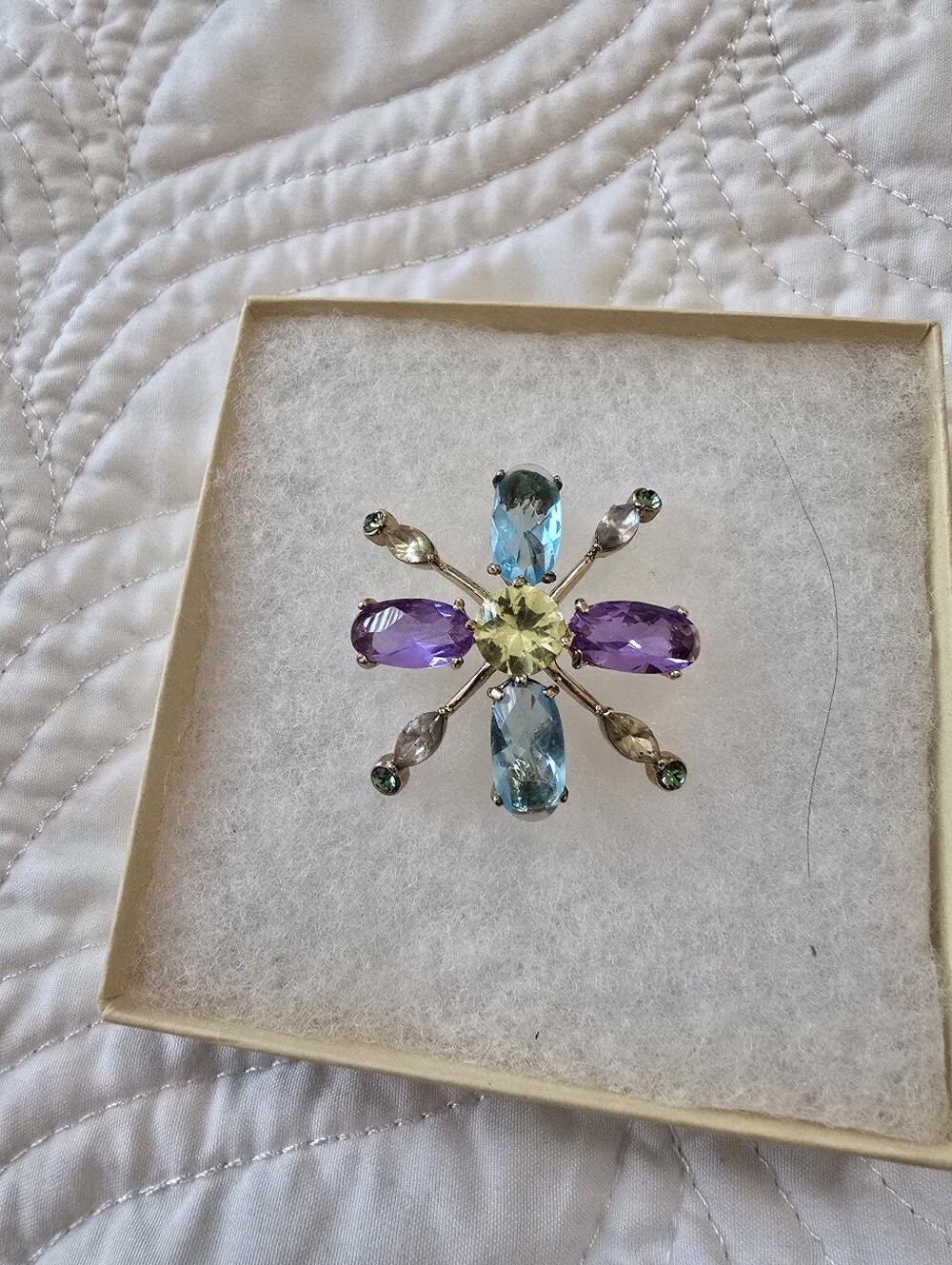 Vintage Signed Monet Brooch Multi-Gem Floral Brooch in Blue, Purple & Yellow -
